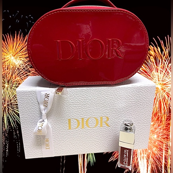 Dior 2 Pc NEW Cosmetic Bag Zip-around Glossy Red Pouch & Lip Glow Oil Gift Box - Picture 1 of 12